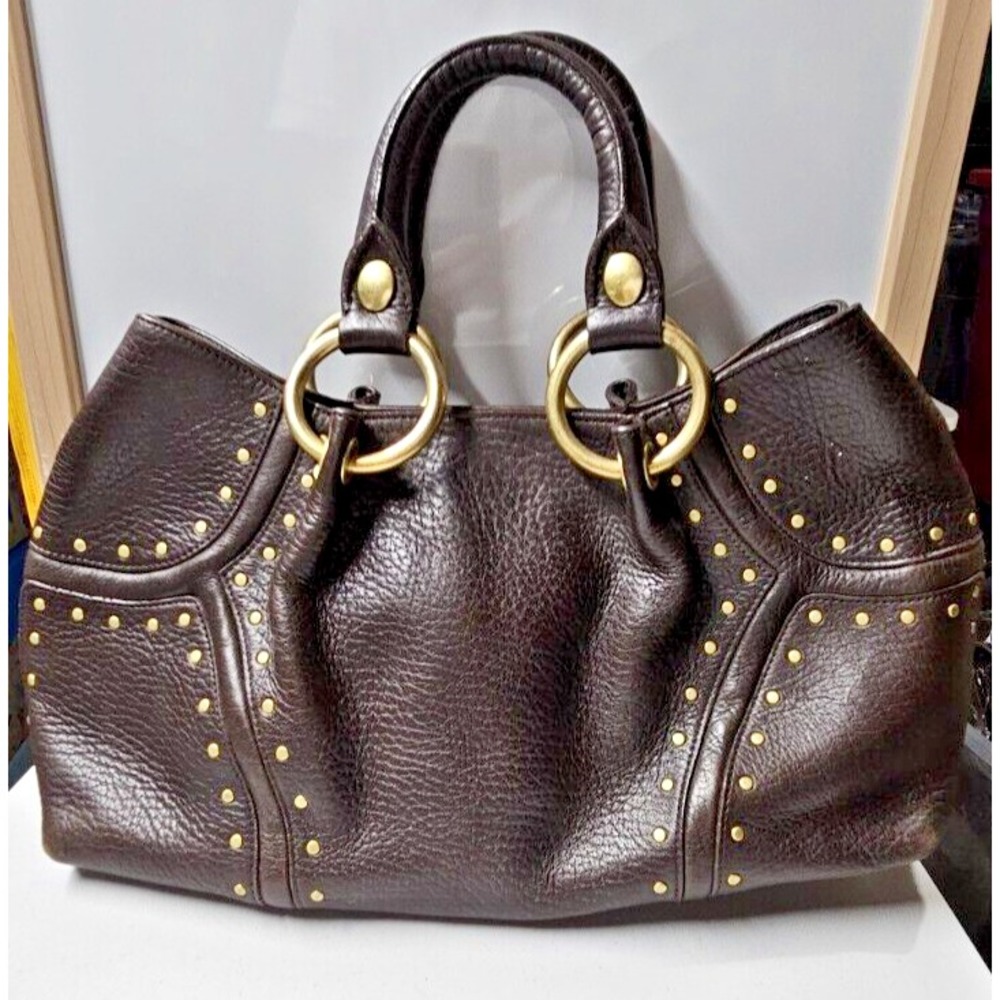 KENNETH‎ COLE genuine leather brown gold rivets satchel handbag double handles